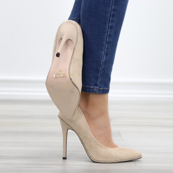 Nude Suede High Heel Pumps With Studs - Picture 10 of 11